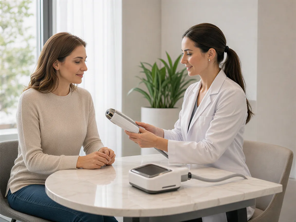 Eine Ärztin übergibt einer Patientin ein modernes Lasergerät in einem hellen, minimalistischen Behandlungsraum.