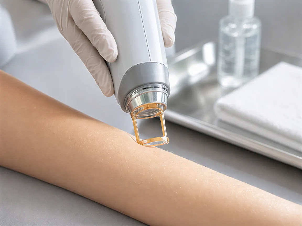 Zwei behandschuhte Hände halten ein Laser-Handstück über einen Unterarm in einer sterilen Klinikumgebung.