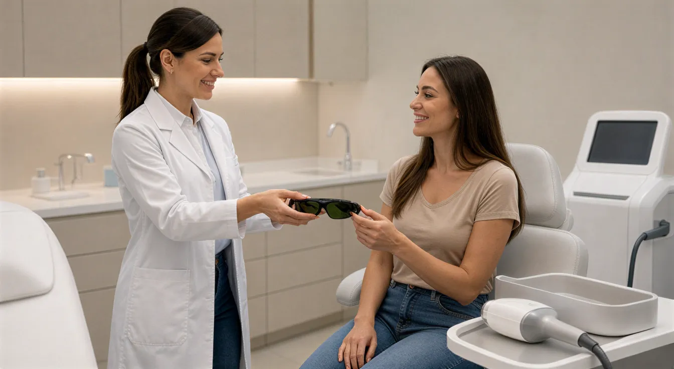 Eine Dermatologin übergibt einer Klientin eine Schutzbrille in einem modernen, sauberen Behandlungsraum.
