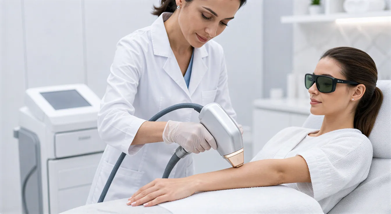 Eine Dermatologin behandelt mit einem Laser die Haut am Unterarm einer entspannten Patientin in einem sterilen