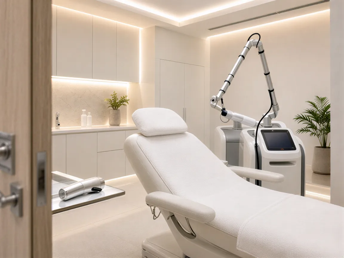 Eine Ärztin stellt ein Lasergerät ein, während eine Patientin entspannt auf einer Behandlungsliege liegt.