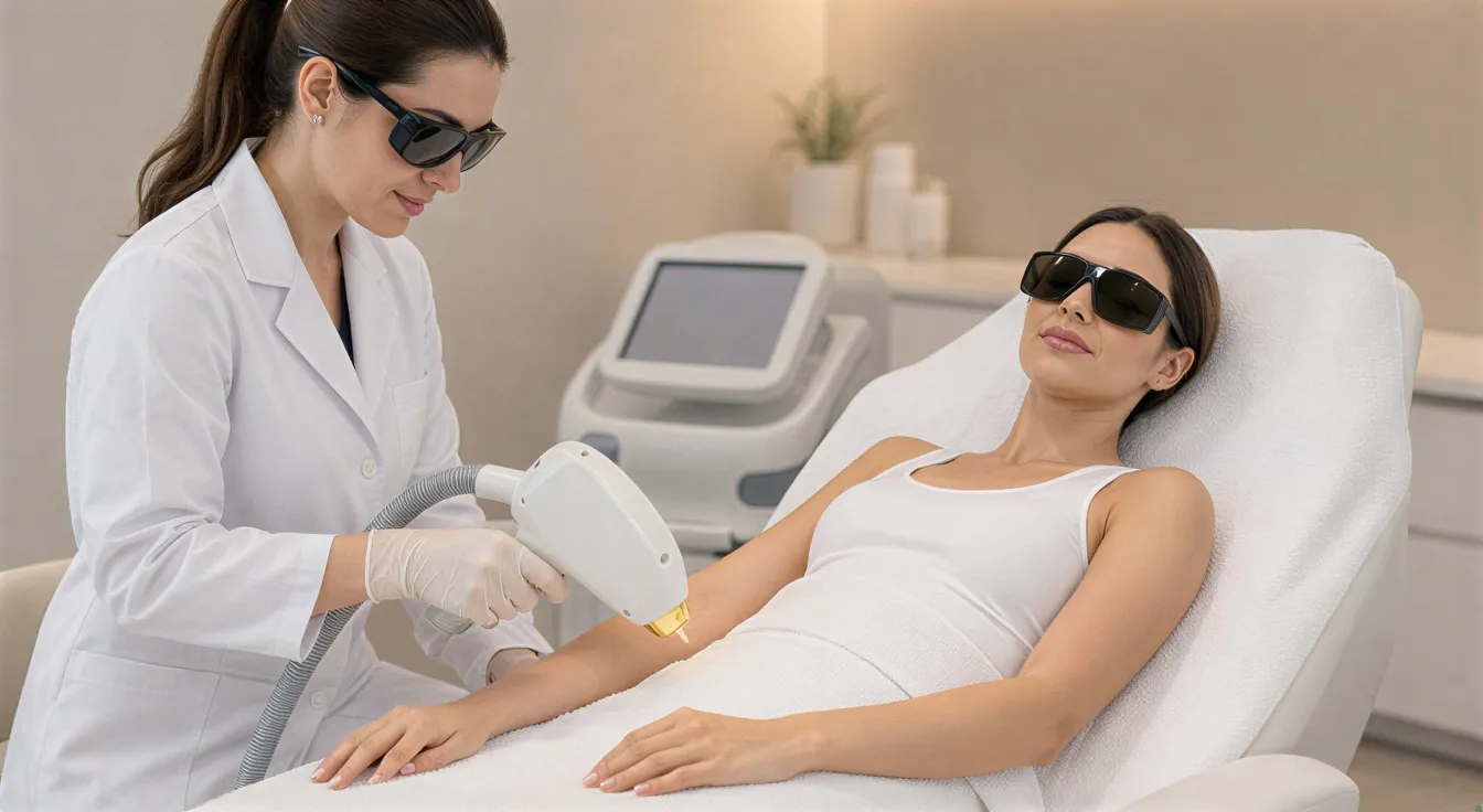 Eine Lasertechnikerin behandelt behutsam den Arm einer Patientin in einem modernen Behandlungsraum.