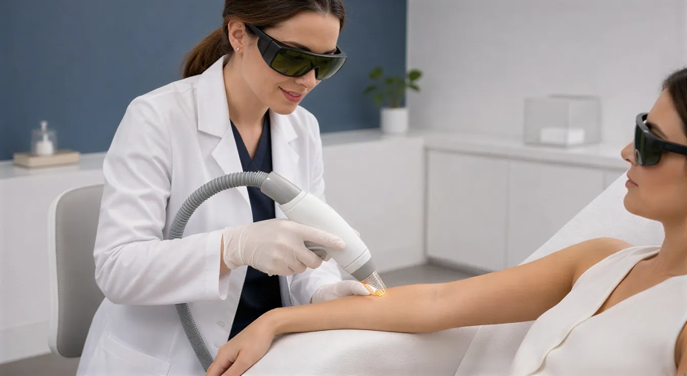 Eine Lasertechnikerin führt in einer modernen Hautarztpraxis eine Haarentfernungsbehandlung am Arm einer Klientin durch.