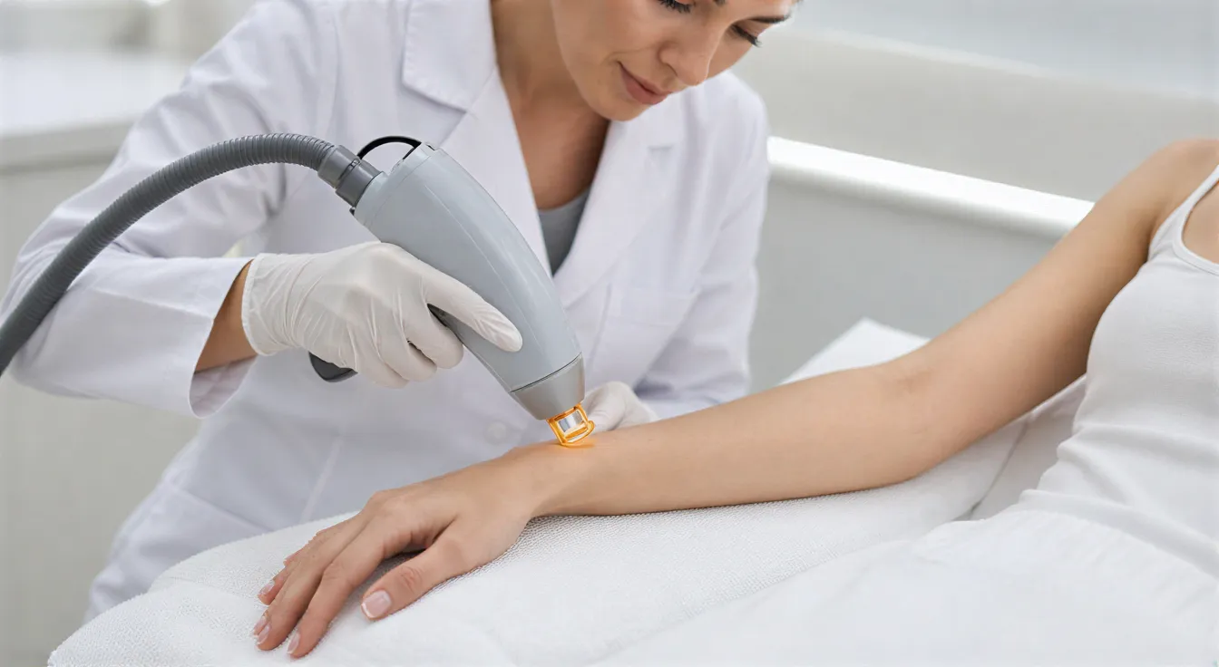 Eine Ärztin führt eine präzise Laser-Haarentfernungsbehandlung am Unterarm einer Patientin durch.