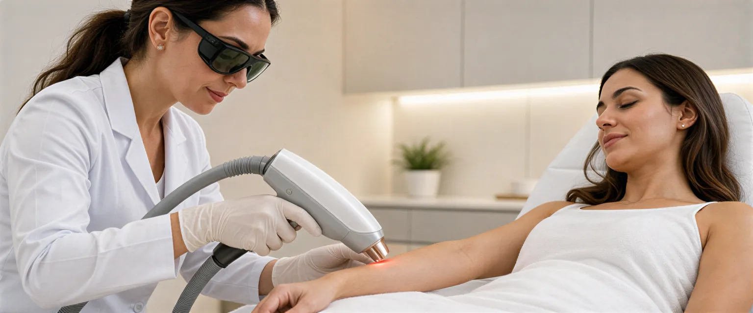 Eine Dermatologin führt eine schmerzfreie Laser-Haarentfernungsbehandlung am Arm einer entspannten Klientin durch.