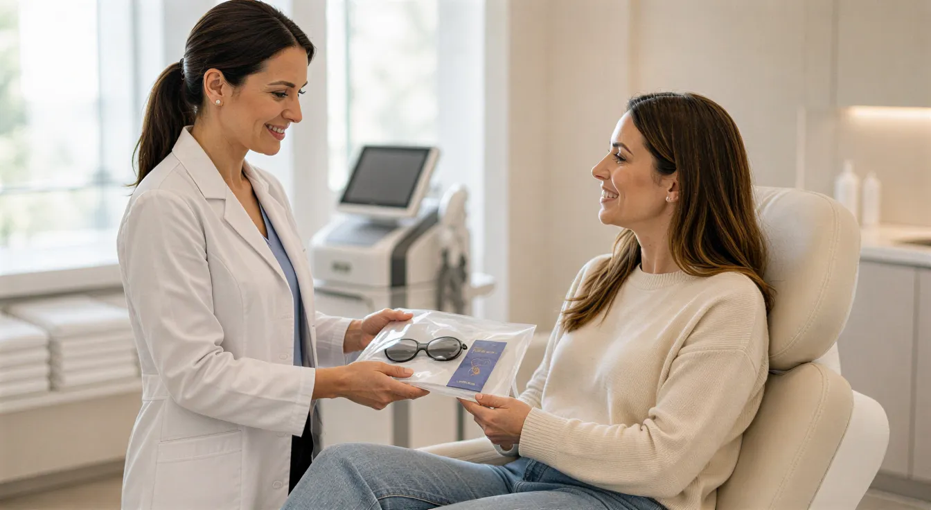 Eine Ärztin übergibt einer Patientin in einer modernen Praxis eine sterile Behandlungsausrüstung.