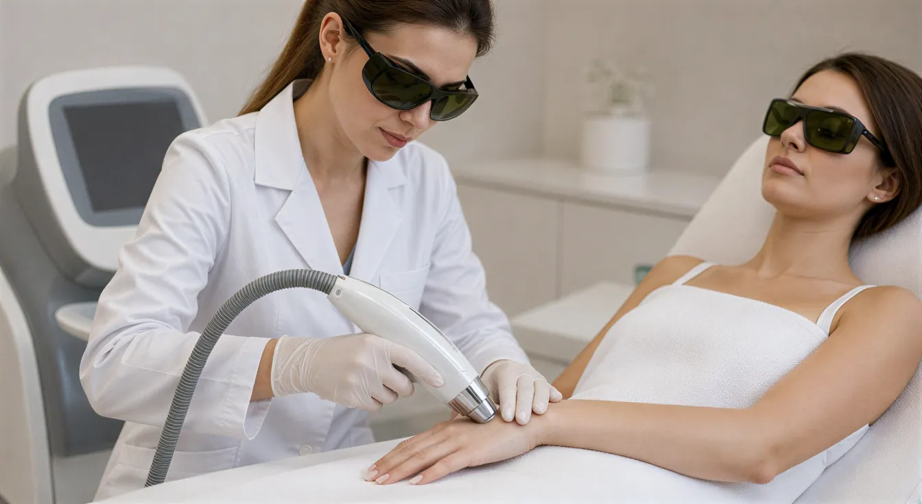 Eine Lasertechnikerin behandelt mit einem Handgerät den Arm einer Klientin in einem sterilen Behandlungsraum.