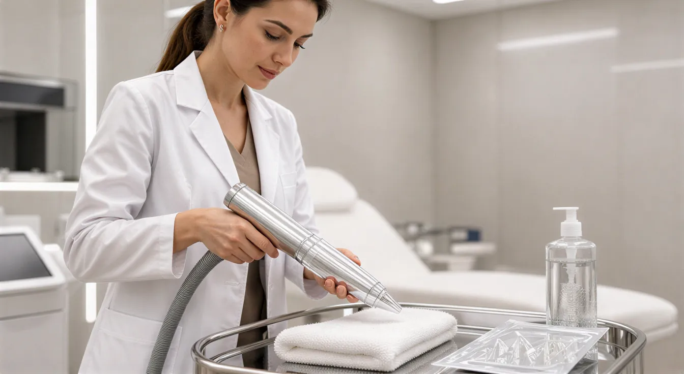 Eine Ärztin bereitet in einer modernen Klinik einen medizinischen Laser auf einem Behandlungswagen vor.