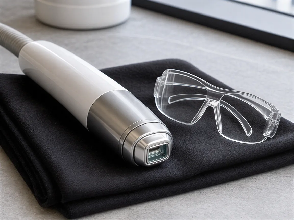 Ein moderner Laser-Handgriff liegt auf einem schwarzen Tuch neben einer Schutzbrille auf einem Steintresen.