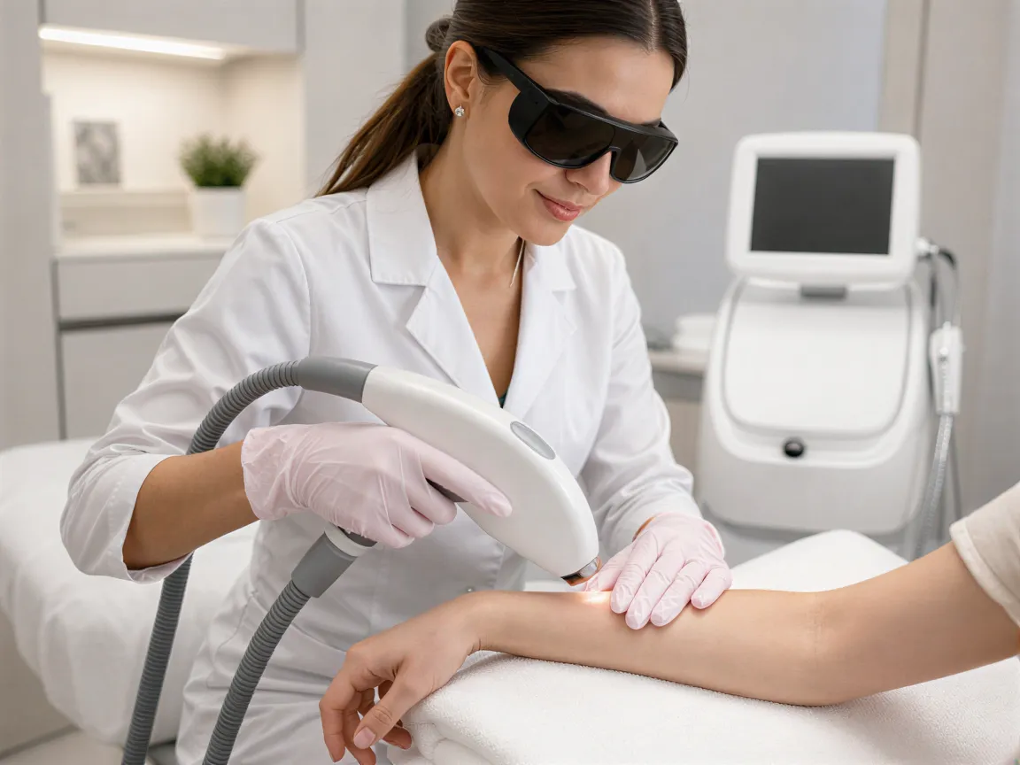 Eine Ärztin führt mit einem Laserhandstück eine Haarentfernungsbehandlung am Unterarm einer Patientin durch.