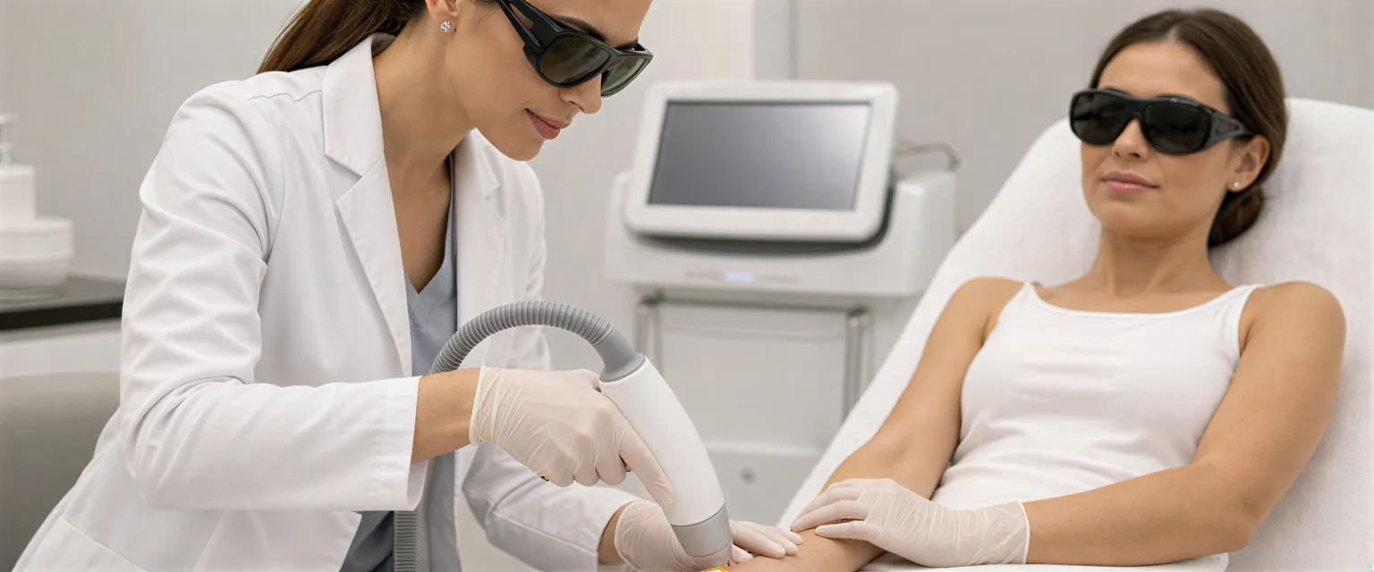 Eine Dermatologin führt mit einem Laserhandstück eine Haarentfernungsbehandlung an einem Unterarm durch.