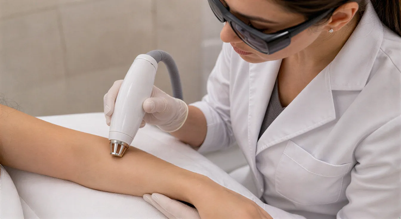 Eine Dermatologin führt mit einem Lasergerät eine Haarentfernungsbehandlung an einem Unterarm durch.