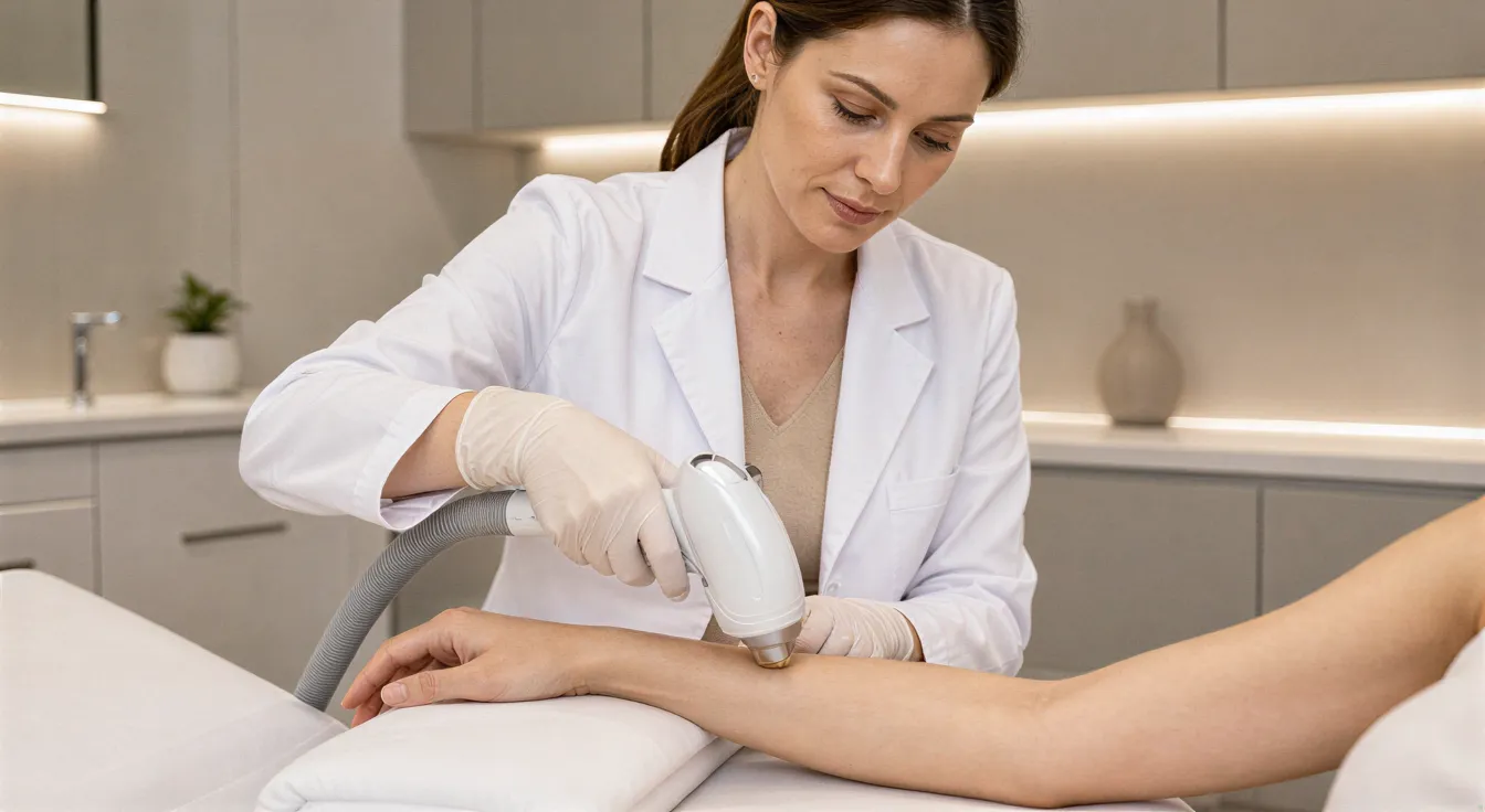 Eine Dermatologin führt mit einem modernen Laser eine Haarentfernungsbehandlung am Unterarm einer Klientin durch.