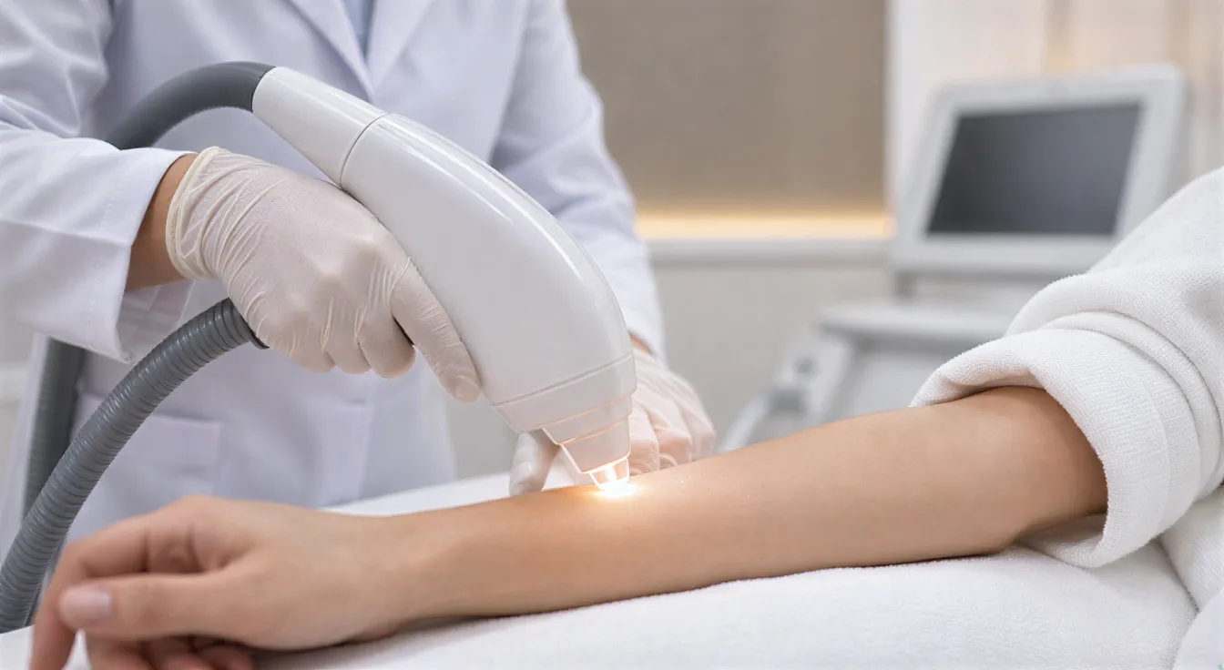 Eine Ärztin führt mit einem Laser-Handgerät eine Haarentfernungsbehandlung an einem Unterarm durch.