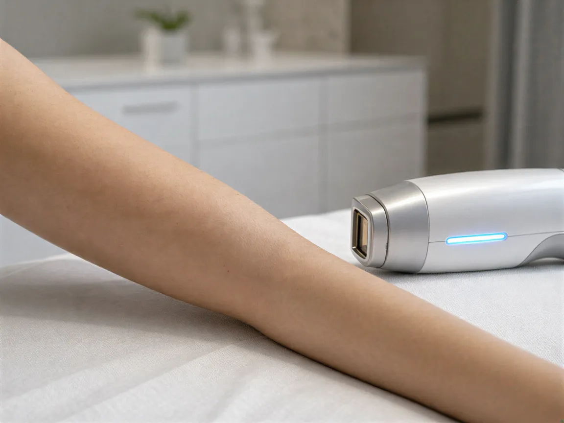 Ein Unterarm ruht auf sterilem Papier in einer modernen Laserklinik, daneben ein hochtechnologischer Laserapplikator.