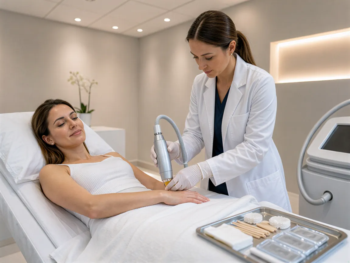 Eine Patientin liegt auf einer Behandlungsliege, während eine Ärztin mit einem Laserhandstück an ihrem Unterarm arbeitet.