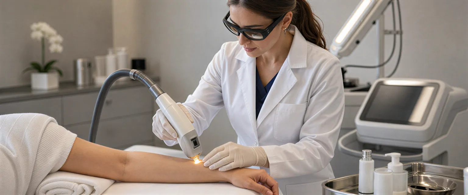 Eine Ärztin führt mit einem modernen Laser eine Haarentfernungsbehandlung am Unterarm einer Patientin durch.