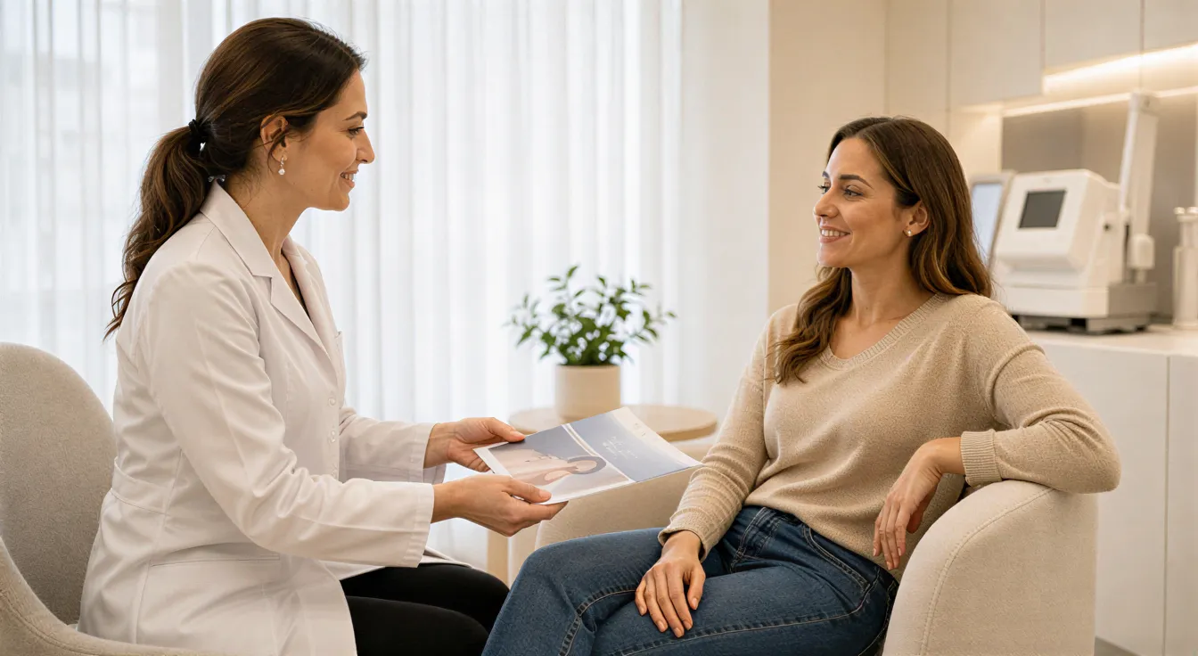 Eine Dermatologin übergibt einer lächelnden Patientin eine Broschüre in einem hellen, modernen Behandlungsraum.