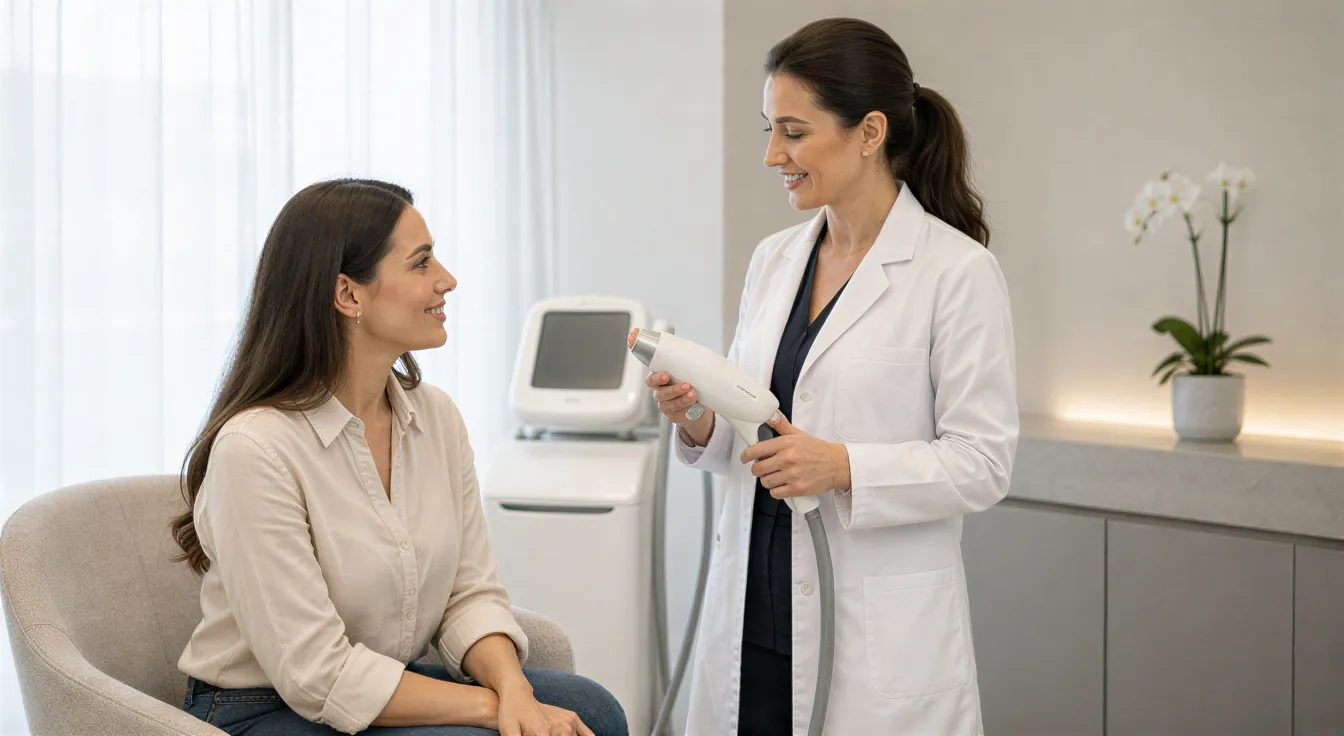 Eine Patientin hört einer Ärztin zu, die ein modernes Lasergerät in einer hellen Praxis erklärt.