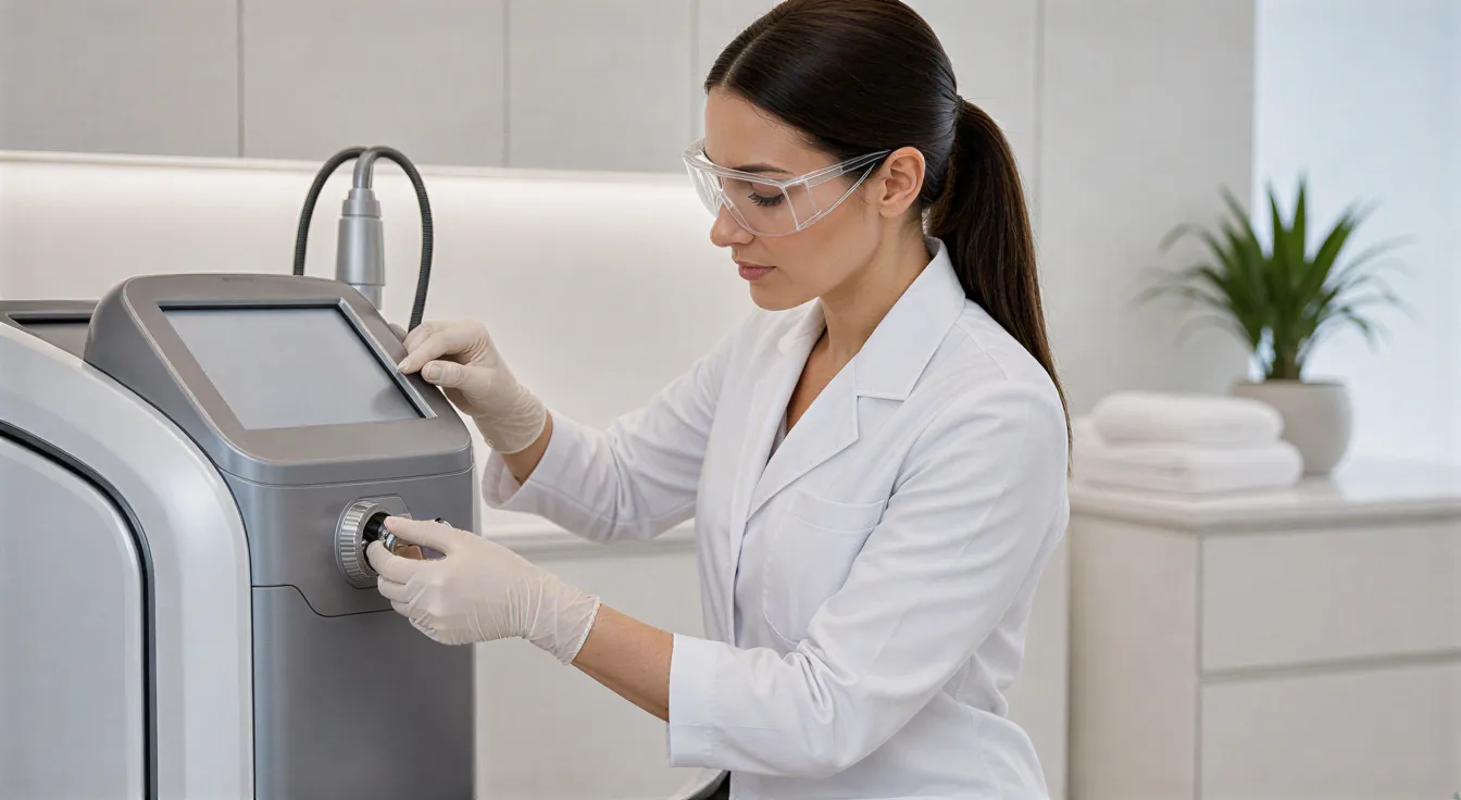 Eine medizinische Fachkraft kalibriert ein modernes Laser-Haarentfernungsgerät in einem sterilen Behandlungsraum.