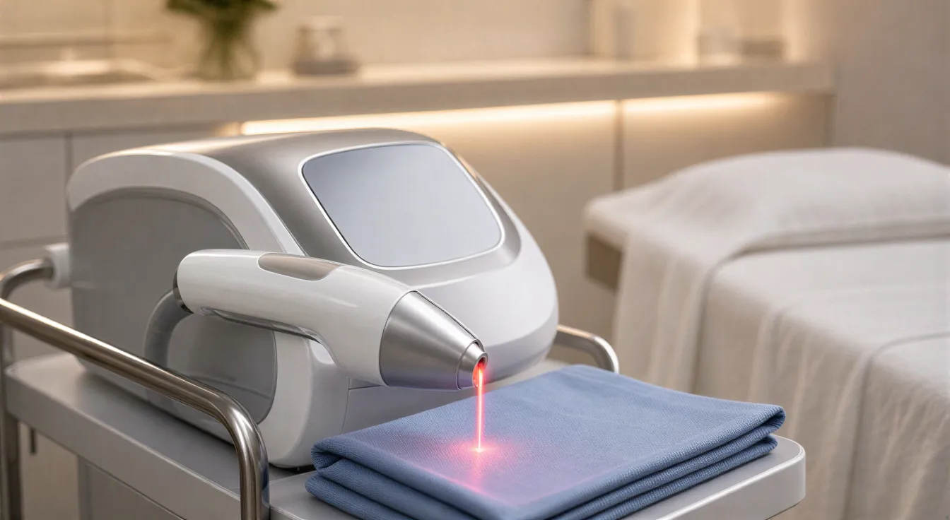 Ein moderner Laser-Haarentfernungsgerät ruht auf einem mobilen Wagen in einem sauberen, neutralen Behandlungsraum.