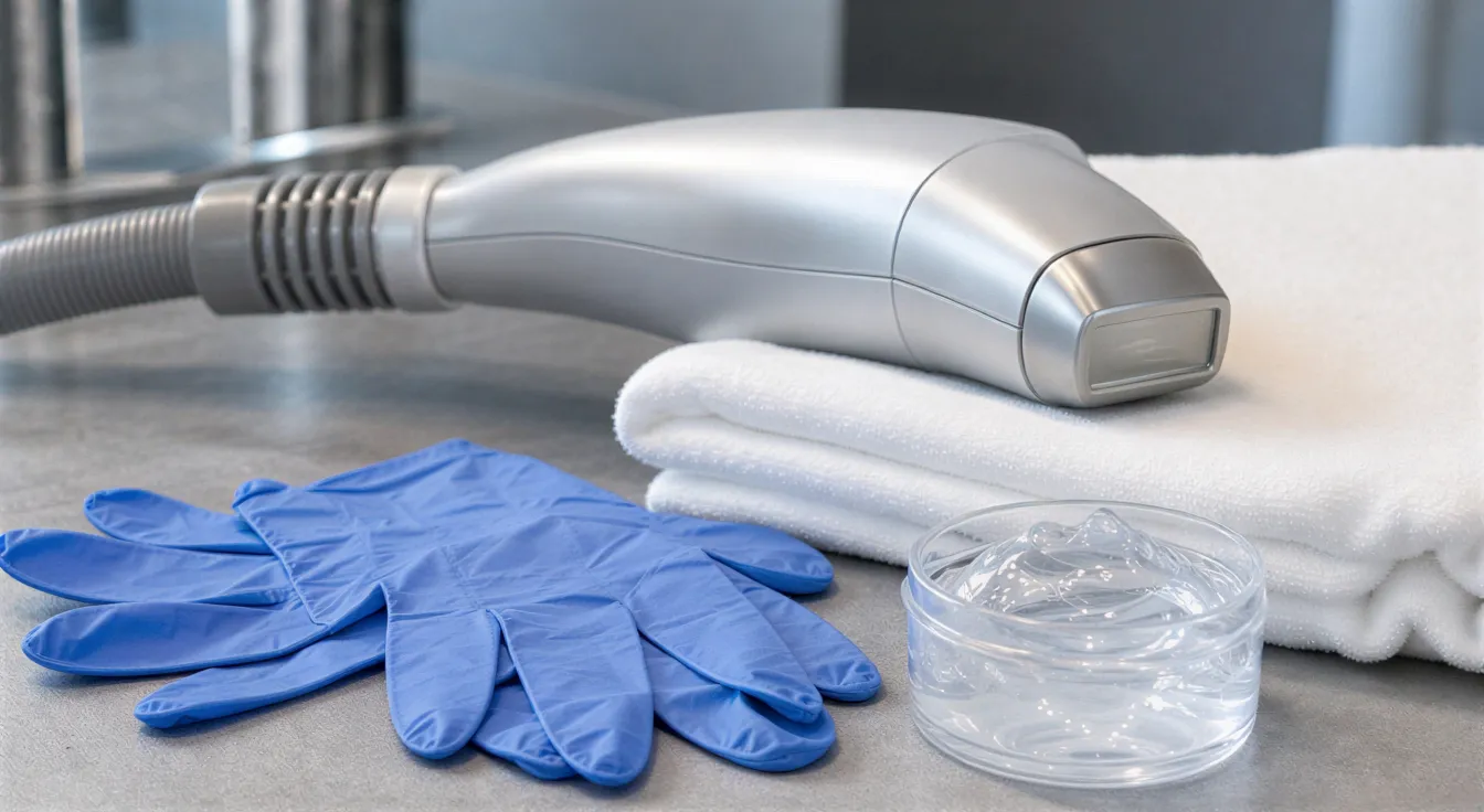 Eine moderne Laserbehandlungsstation mit silbernem Gerät, blauen Handschuhen und Kühlgel auf einer sterilen Arbeitsfläche.