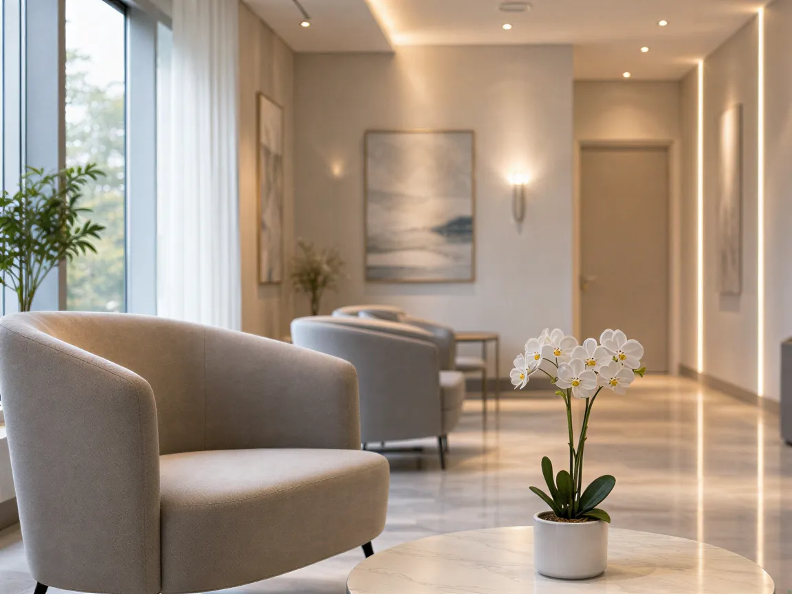 Ein minimalistischer Wartebereich mit Sessel und Orchidee, dahinter ein beleuchteter Gang mit Kunstwerken.