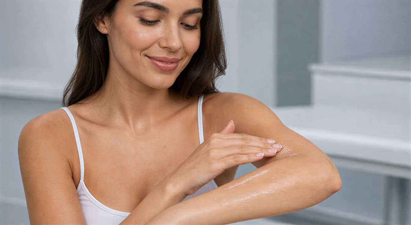 Eine Frau trägt beruhigende Aloe Vera auf ihre glatte, behandelte Haut auf, entspannt in einer modernen Klinik.