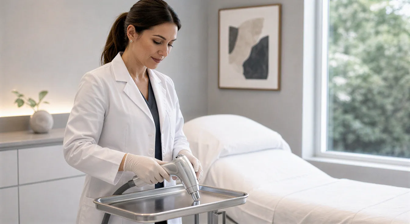 Eine Dermatologin bereitet in einem modernen Behandlungszimmer ein Lasergerät auf einem sterilen Tablett vor.