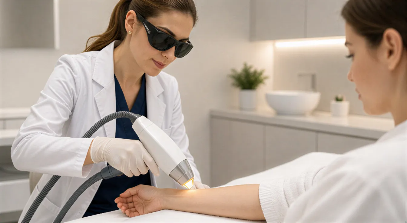 Eine Ärztin führt mit einem Laserhandstück eine Haarentfernungsbehandlung am Unterarm einer Klientin durch.