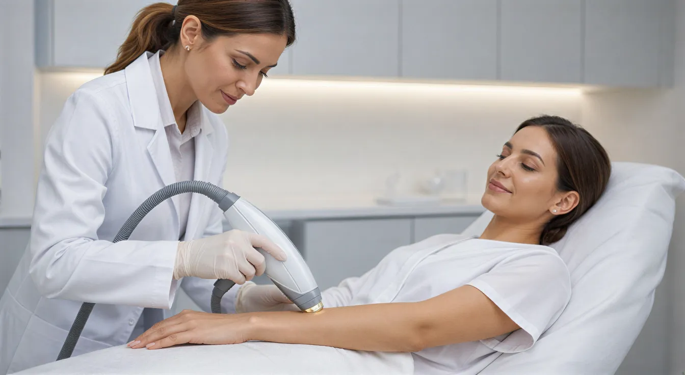 Eine Ärztin behandelt mit einem Laser die Unterarm einer Patientin in einem modernen Behandlungsraum.