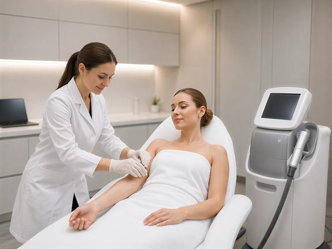 Eine Ärztin bereitet im sterilen Behandlungsraum einer Laserklinik den Arm einer Patientin für eine Laserbehandlung vor.