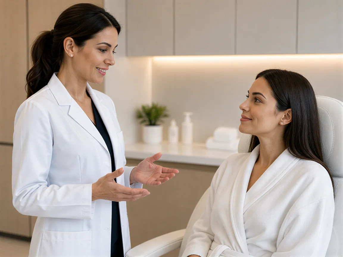 Eine Ärztin erklärt einer entspannten Patientin in einem modernen Behandlungsraum den Eingriff.