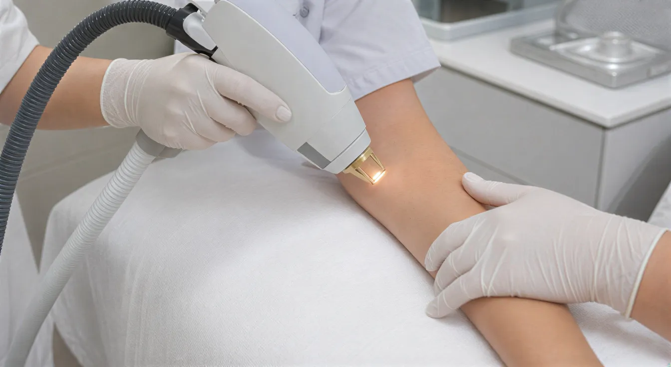 Eine Ärztin führt mit einem Laserhandgerät eine Haarentfernungsbehandlung an einem Unterarm durch.
