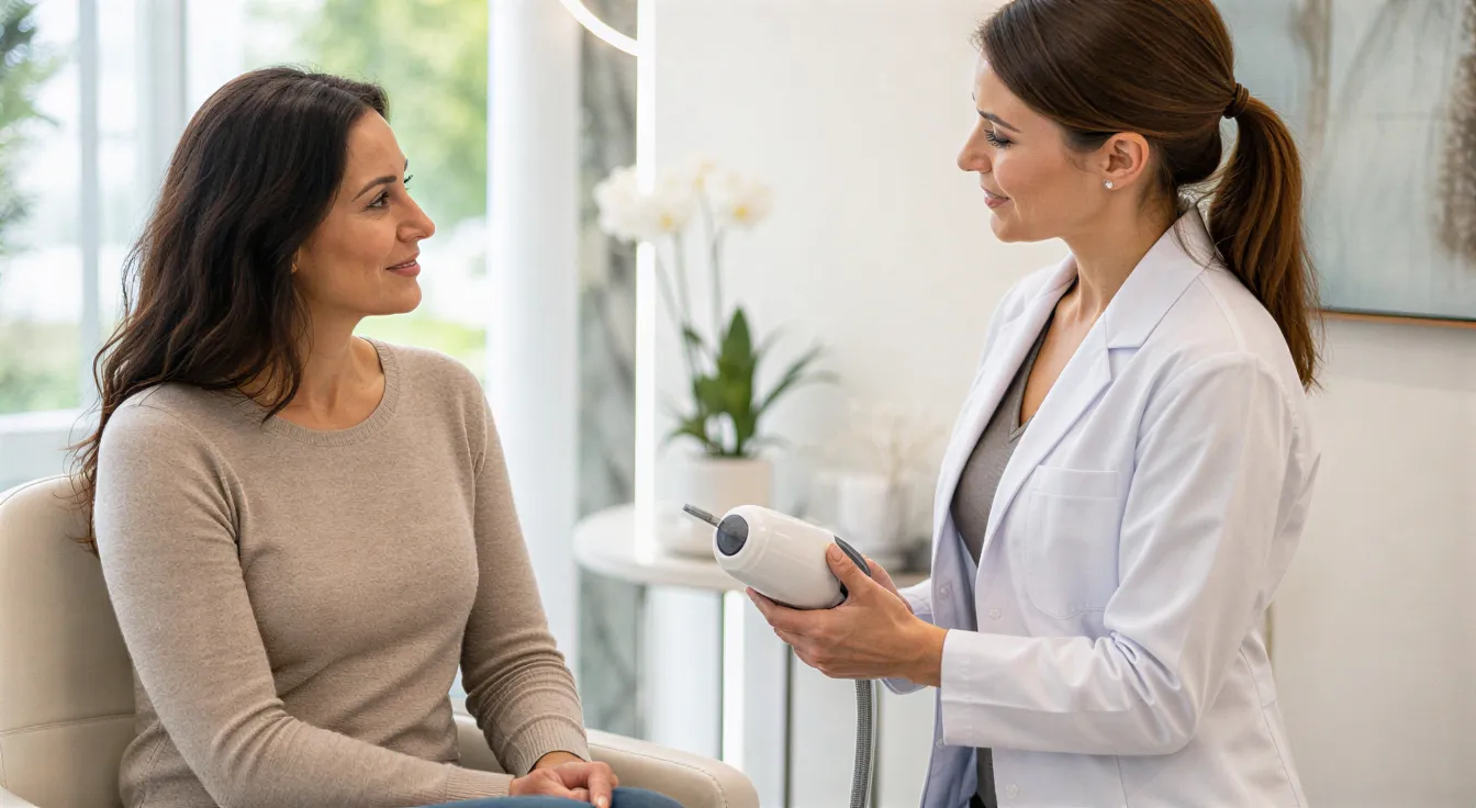 Eine Patientin im Gespräch mit einer Ärztin in einer modernen, hellen Ästhetik-Klinik.