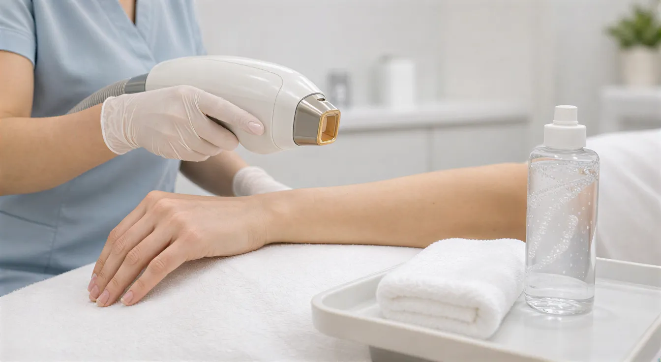 Eine Ärztin positioniert behutsam den Unterarm einer Patientin für eine Laserbehandlung in einem sterilen Behandlungsraum.