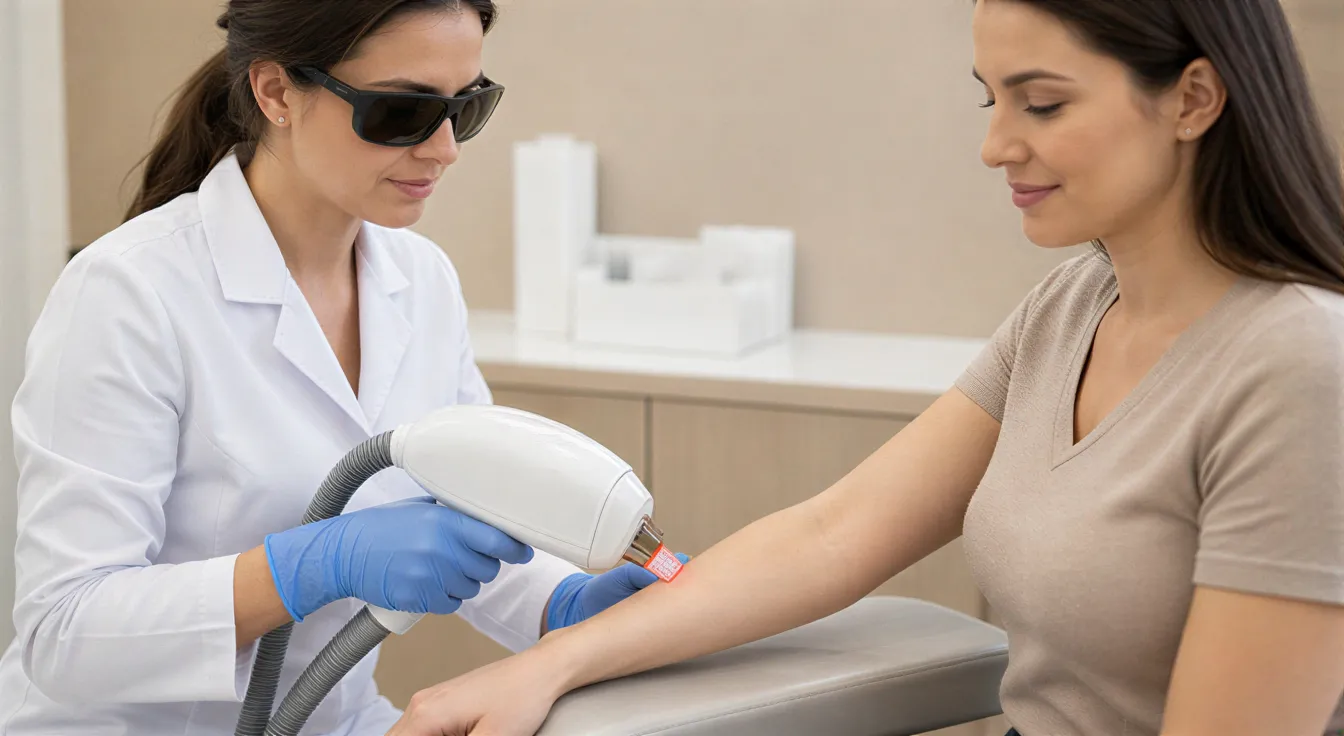 Eine Ärztin behandelt mit einem Handlaser die Unterarmhaut einer entspannten Patientin in einem modernen Behandlungsraum.
