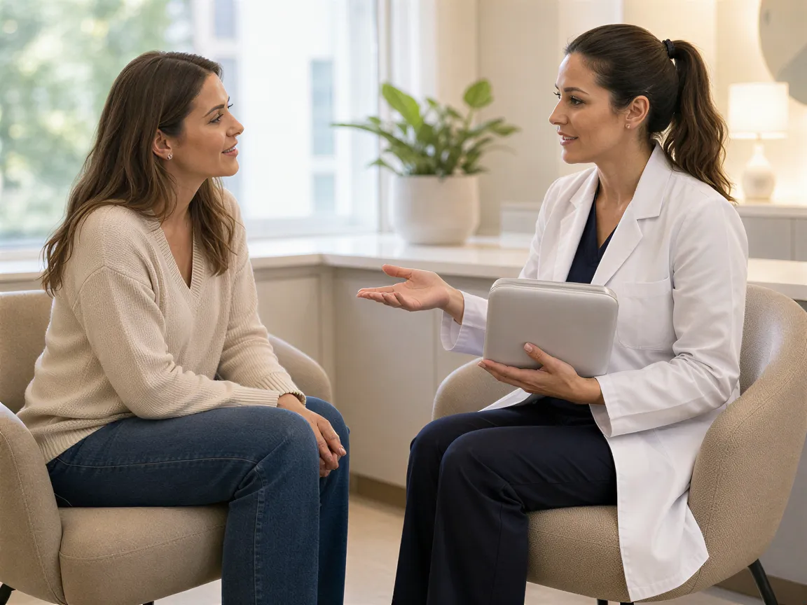 Eine Ärztin in weißem Kittel erklärt einer Patientin in einem modernen, hellen Behandlungszimmer eine Behandlung.