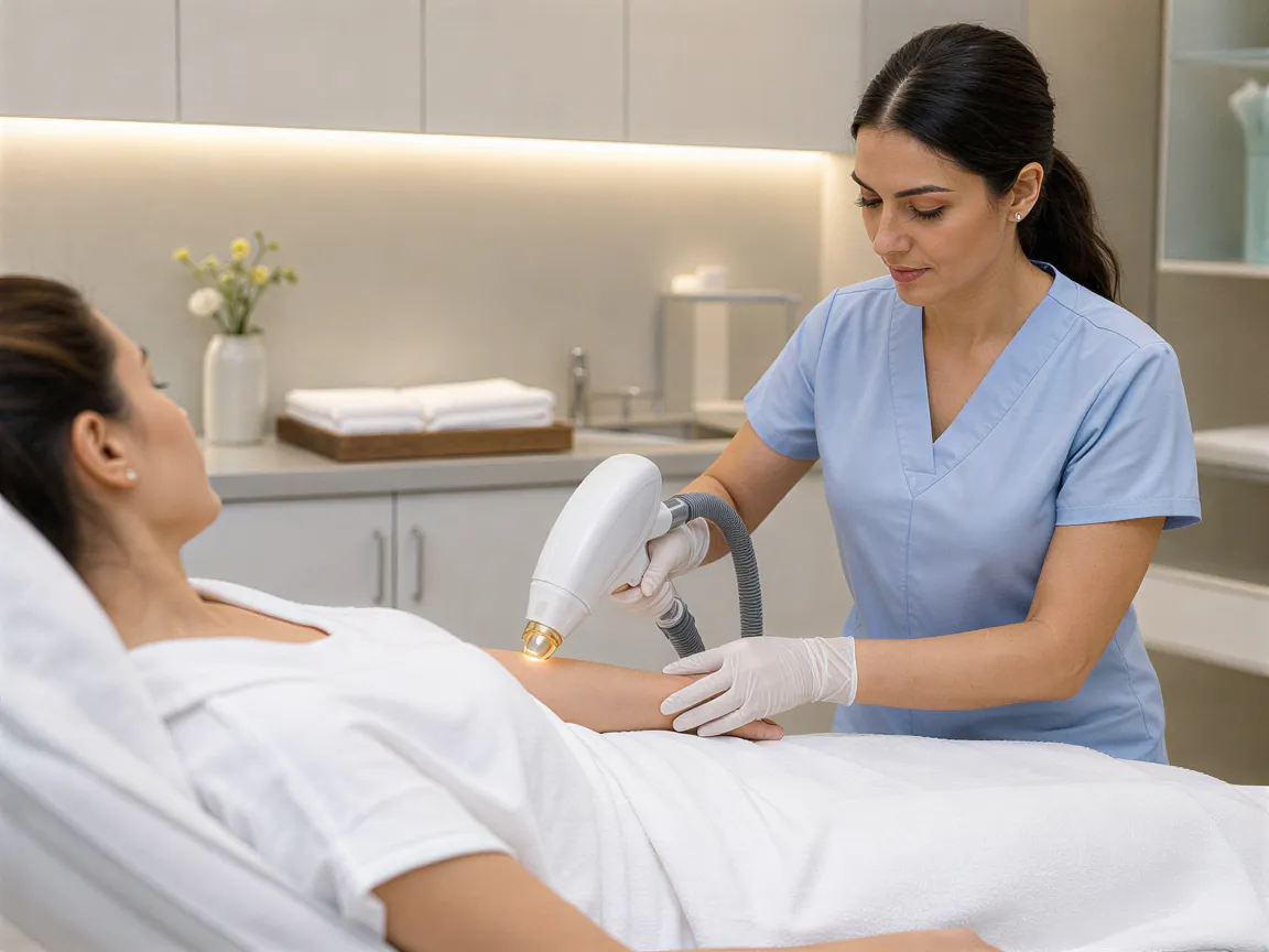 Eine Patientin liegt auf einer Behandlungsliege, während eine Ärztin mit einem Lasergerät ihre Handfläche behandelt.