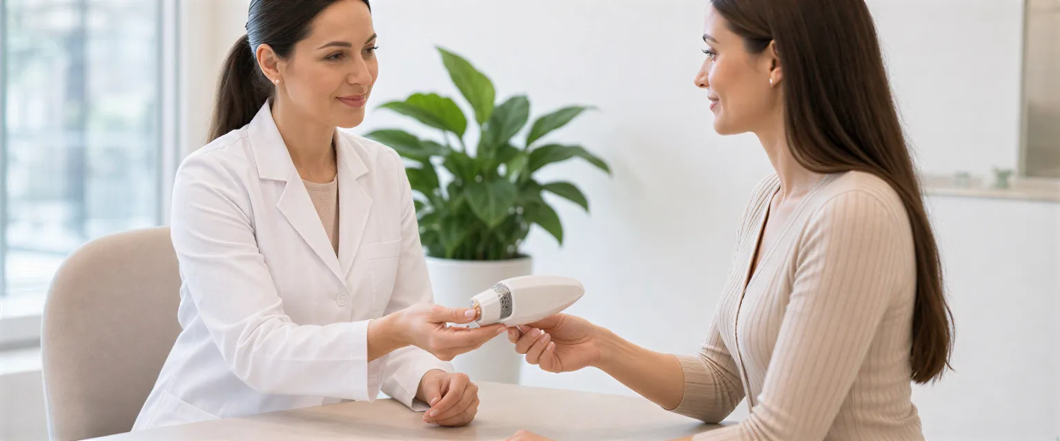 Eine Dermatologin übergibt einer aufmerksamen Klientin ein modernes Lasergerät in einem minimalistischen Behandlungsraum.