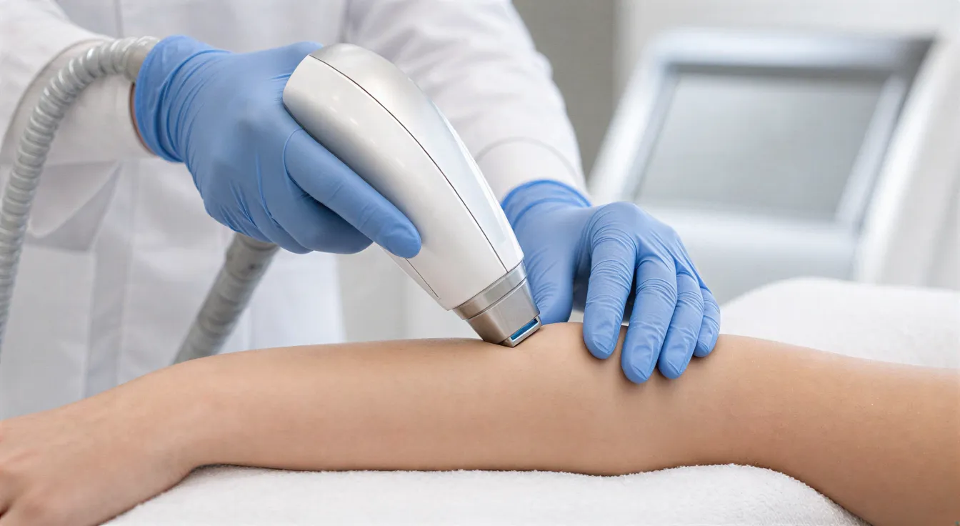Eine Dermatologin führt mit einem modernen Laser eine Haarentfernungsbehandlung an einem Unterarm durch.