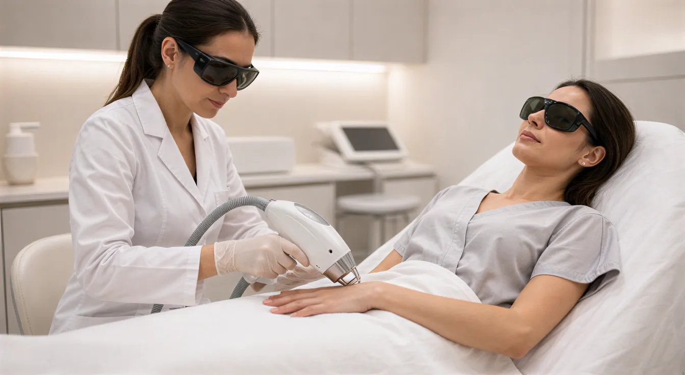 Eine Patientin liegt entspannt auf einer Behandlungsliege, während eine Technikerin mit einem Laserhandstück über ihrem
