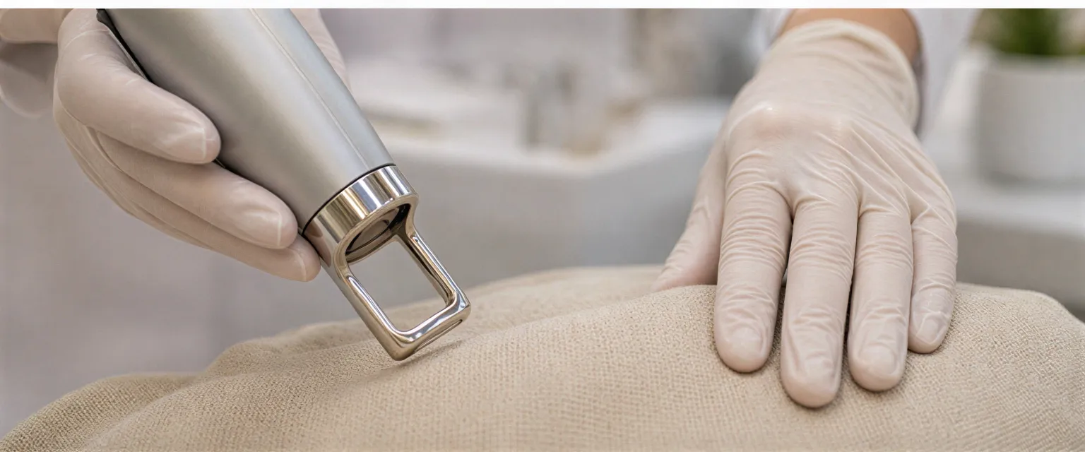 Eine behandschuhte Hand hält einen Laser-Handgriff über einen neutralen Stoff, der einen Patientenarm simuliert.