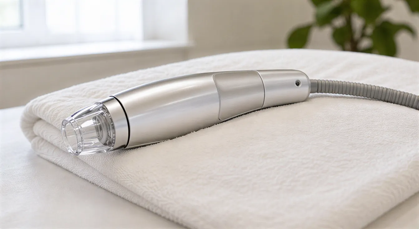 Ein professionelles Laser-Haarentfernungsgerät liegt auf einem weißen Handtuch auf einer Behandlungsliege.