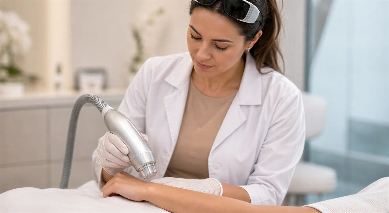 Eine Dermatologin behandelt mit einem modernen Laser vorsichtig den Arm eines Patienten in einem sauberen Behandlungsraum.