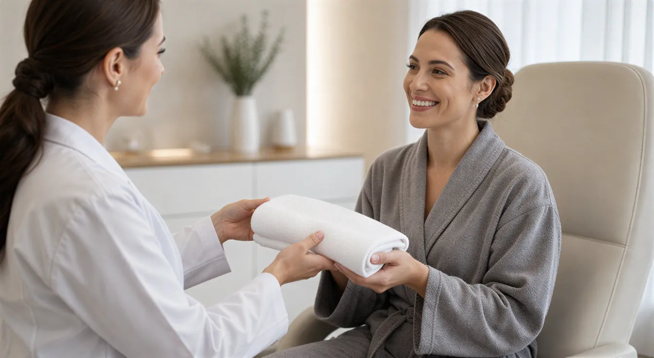 Eine Dermatologin übergibt lächelnd ein Handtuch an eine entspannte Patientin in einer modernen Praxis.