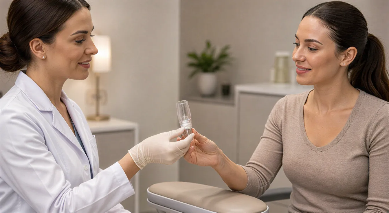 Eine Ärztin übergibt einer Patientin eine sterile Behandlungsspitze in einem modernen Ästhetikzentrum.
