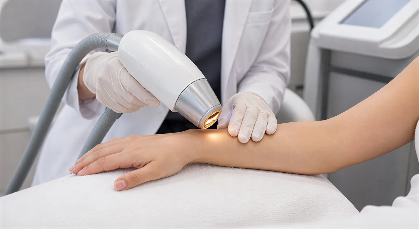 Eine Ärztin führt mit einem Laser eine Haarentfernungsbehandlung am Unterarm einer Patientin durch.