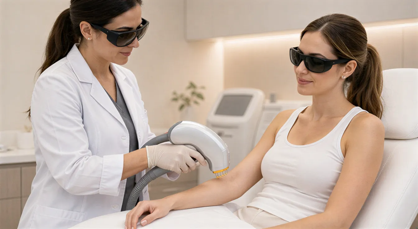 Eine Lasertechnikerin führt in einer modernen Klinik eine Haarentfernungsbehandlung am Arm einer Klientin durch.