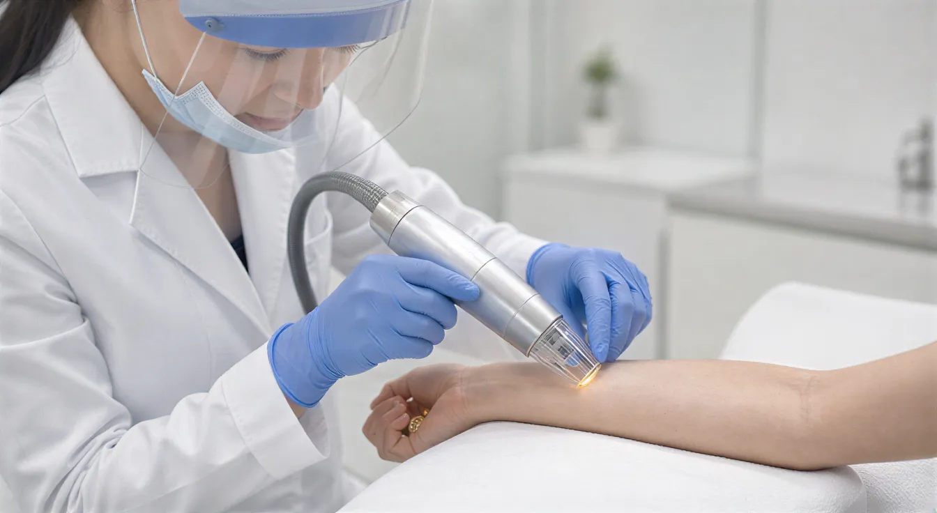 Eine Dermatologin führt mit einem medizinischen Laser eine Haarentfernungsbehandlung an einem Unterarm durch.
